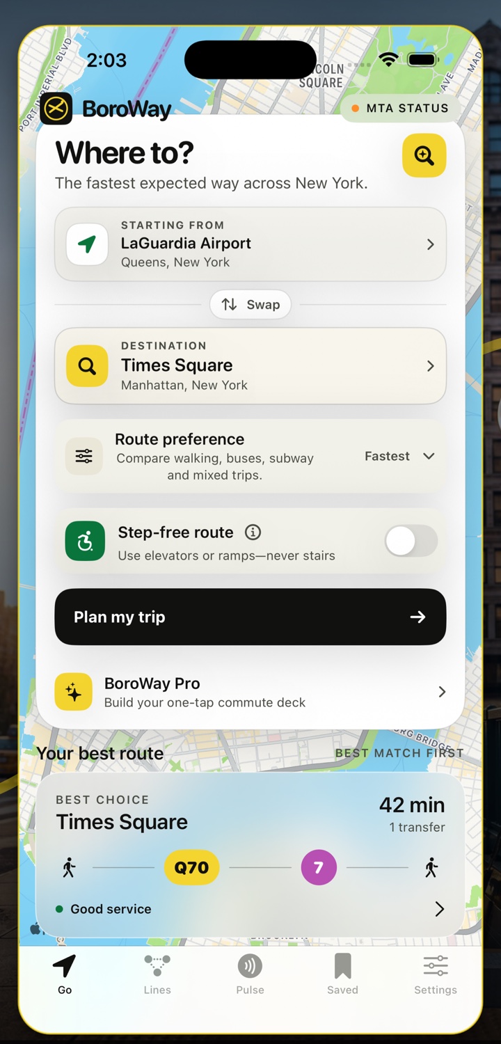 Actual BoroWay iPhone app screen planning a door-to-door trip from LaGuardia Airport to Times Square with walking, bus and subway steps